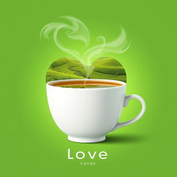 A creative advertisement-style image featuring a white tea cup filled with freshly brewed tea sitting elegantly against a clean, vibrant green background