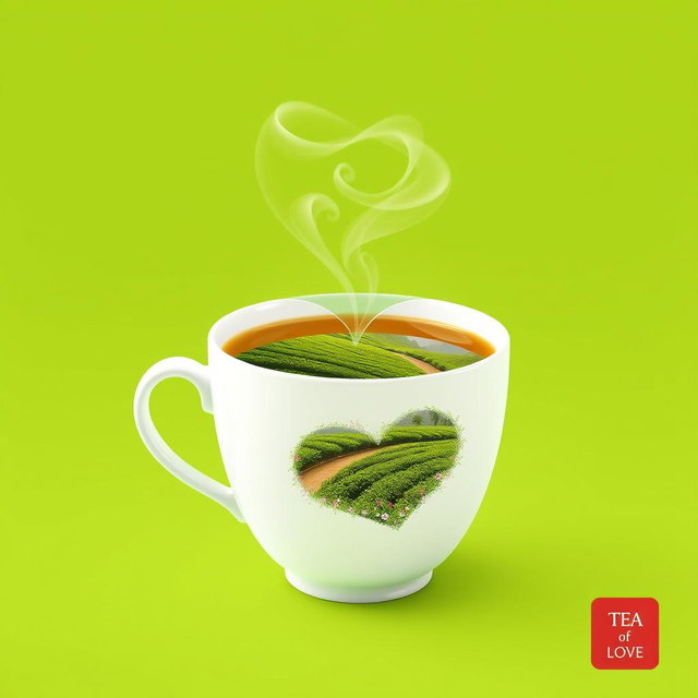 A creative advertisement-style image featuring a white tea cup filled with freshly brewed tea sitting elegantly against a clean, vibrant green background