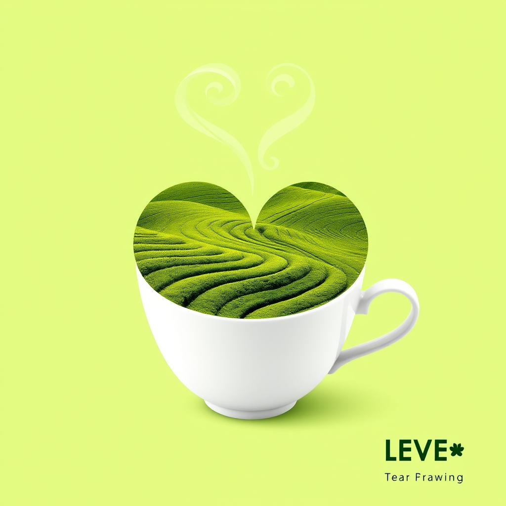 A creative advertisement-style image featuring a white tea cup filled with freshly brewed tea sitting elegantly against a clean, vibrant green background