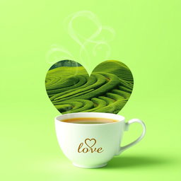 A creative advertisement-style image featuring a white tea cup filled with freshly brewed tea sitting elegantly against a clean, vibrant green background
