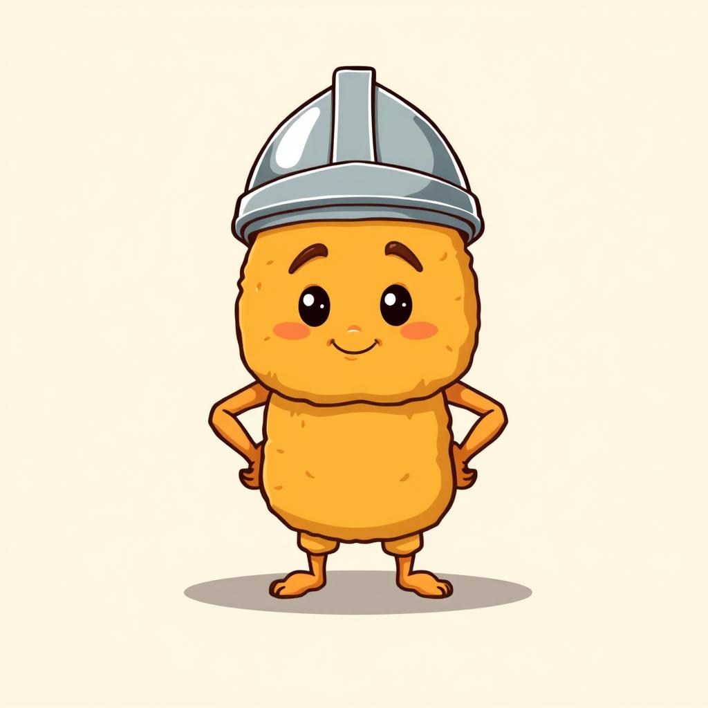 A cartoonish schnitzel character wearing a shiny war helmet, standing confidently in the center of the image