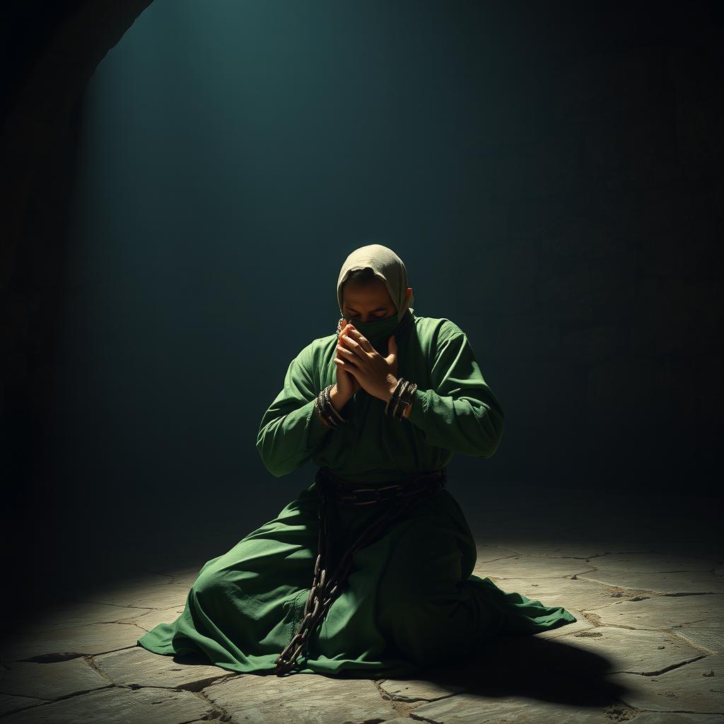 A scene inside a dungeon featuring a male prisoner wearing green garments inspired by Islamic attire from the medieval period