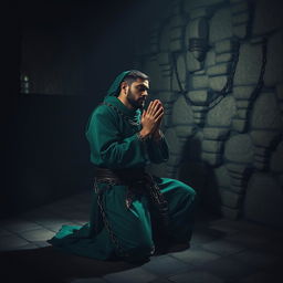 A scene inside a dungeon featuring a male prisoner wearing green garments inspired by Islamic attire from the medieval period