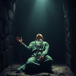 A scene inside a dungeon featuring a male prisoner wearing green garments inspired by Islamic attire from the medieval period