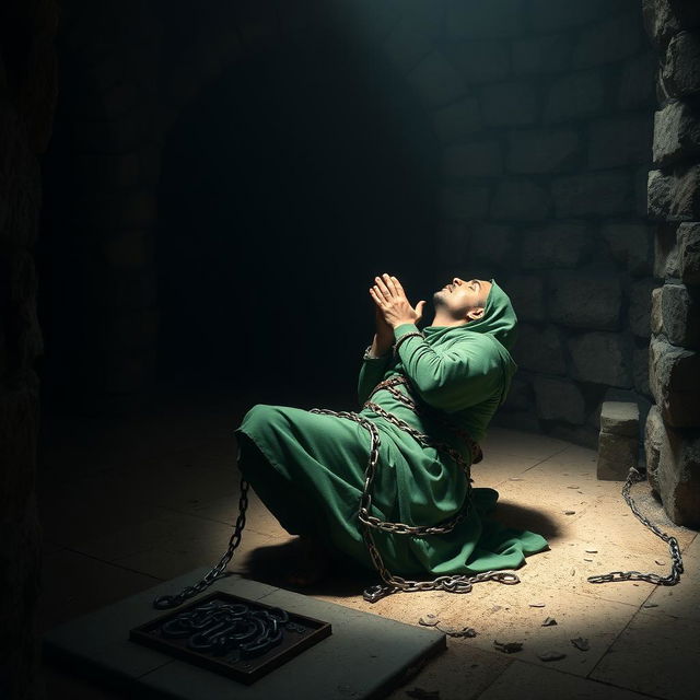 A scene inside a dungeon featuring a male prisoner wearing green garments inspired by Islamic attire from the medieval period