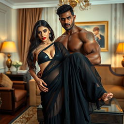A full-length intimate and steamy couple photoshoot featuring a captivating 22-year-old Arab woman, exuding beauty and allure, dressed in a transparent black saree adorned with a triangle bikini blouse, perfectly accentuating her sexy curves
