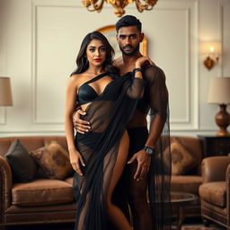 A full-length intimate and steamy couple photoshoot featuring a captivating 22-year-old Arab woman, exuding beauty and allure, dressed in a transparent black saree adorned with a triangle bikini blouse, perfectly accentuating her sexy curves