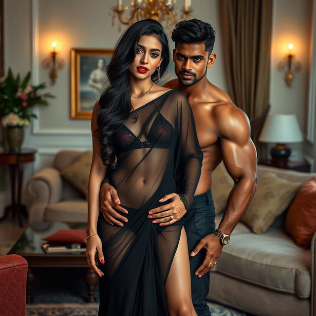 A full-length intimate and steamy couple photoshoot featuring a captivating 22-year-old Arab woman, exuding beauty and allure, dressed in a transparent black saree adorned with a triangle bikini blouse, perfectly accentuating her sexy curves