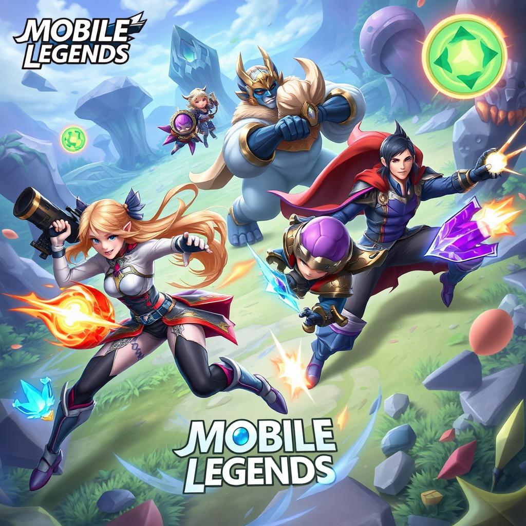 A vibrant and dynamic scene featuring Mobile Legends heroes in an intense battle setting