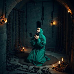 A medieval Islamic dungeon interior featuring a prisoner dressed in green traditional attire from the Islamic era