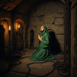 A medieval Islamic dungeon interior featuring a prisoner dressed in green traditional attire from the Islamic era