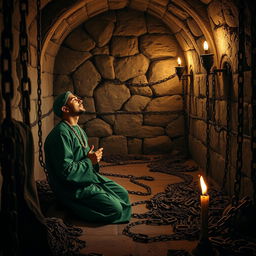 A medieval Islamic dungeon interior featuring a prisoner dressed in green traditional attire from the Islamic era