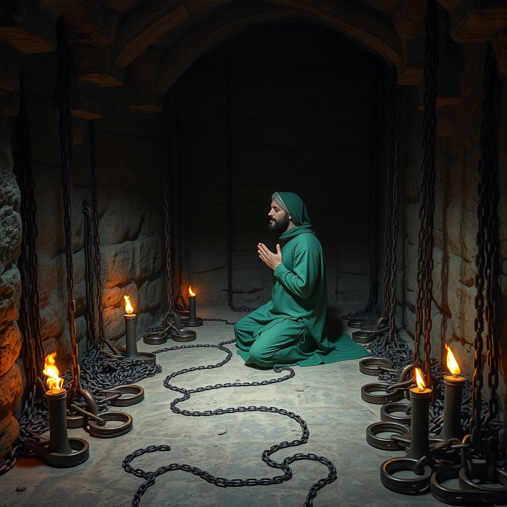 A medieval Islamic dungeon interior featuring a prisoner dressed in green traditional attire from the Islamic era