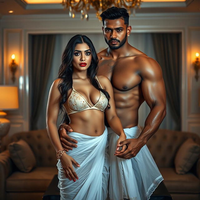 A stunning full-length intimate couple photoshoot depicting a gorgeous 22-year-old Arab woman adorned in a transparent wet white saree and a short triangle bikini blouse, accentuating her beautiful figure