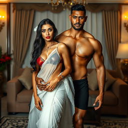 A stunning full-length intimate couple photoshoot depicting a gorgeous 22-year-old Arab woman adorned in a transparent wet white saree and a short triangle bikini blouse, accentuating her beautiful figure