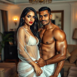 A stunning full-length intimate couple photoshoot depicting a gorgeous 22-year-old Arab woman adorned in a transparent wet white saree and a short triangle bikini blouse, accentuating her beautiful figure