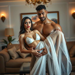 A stunning full-length intimate couple photoshoot depicting a gorgeous 22-year-old Arab woman adorned in a transparent wet white saree and a short triangle bikini blouse, accentuating her beautiful figure