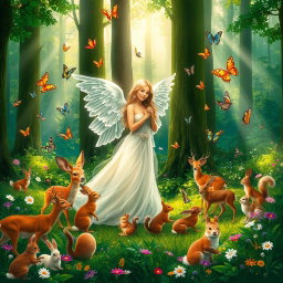 A serene forest scene featuring a beautiful angel with flowing, ethereal wings, surrounded by diverse wildlife