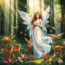 A serene forest scene featuring a beautiful angel with flowing, ethereal wings, surrounded by diverse wildlife