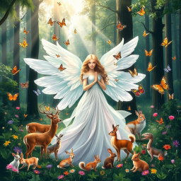 A serene forest scene featuring a beautiful angel with flowing, ethereal wings, surrounded by diverse wildlife