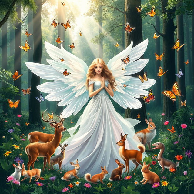 A serene forest scene featuring a beautiful angel with flowing, ethereal wings, surrounded by diverse wildlife