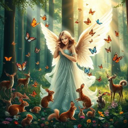 A serene forest scene featuring a beautiful angel with flowing, ethereal wings, surrounded by diverse wildlife