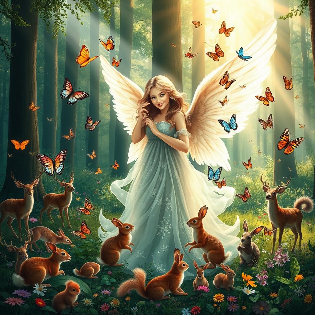 A serene forest scene featuring a beautiful angel with flowing, ethereal wings, surrounded by diverse wildlife