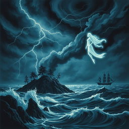 A dramatic scene inspired by Shakespeare's 'The Tempest', featuring a dark and tempestuous sky filled with swirling clouds and flashes of lightning