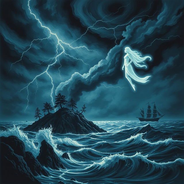 A dramatic scene inspired by Shakespeare's 'The Tempest', featuring a dark and tempestuous sky filled with swirling clouds and flashes of lightning