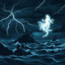 A dramatic scene inspired by Shakespeare's 'The Tempest', featuring a dark and tempestuous sky filled with swirling clouds and flashes of lightning