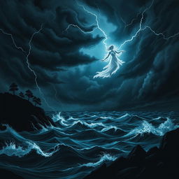A dramatic scene inspired by Shakespeare's 'The Tempest', featuring a dark and tempestuous sky filled with swirling clouds and flashes of lightning