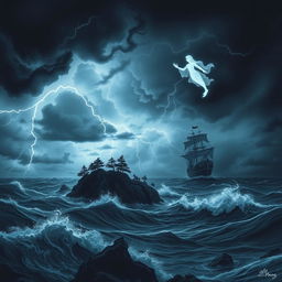 A dramatic scene inspired by Shakespeare's 'The Tempest', featuring a dark and tempestuous sky filled with swirling clouds and flashes of lightning