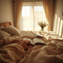 A cozy and relaxing viewpoint from the perspective of someone lying in bed, looking at a softly illuminated room