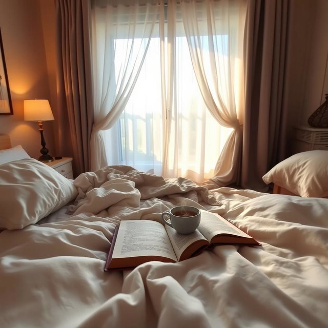 A cozy and relaxing viewpoint from the perspective of someone lying in bed, looking at a softly illuminated room