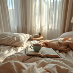 A cozy and relaxing viewpoint from the perspective of someone lying in bed, looking at a softly illuminated room