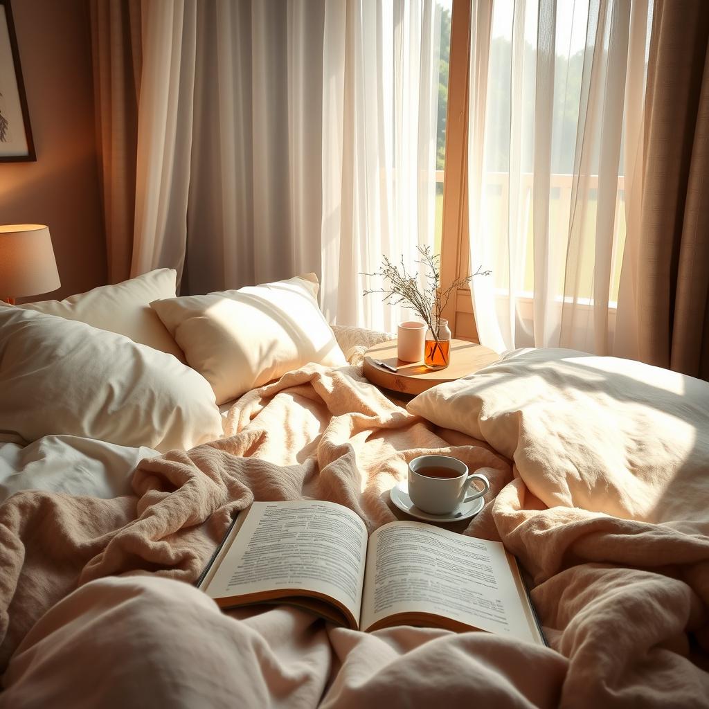 A cozy and relaxing viewpoint from the perspective of someone lying in bed, looking at a softly illuminated room