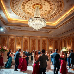 A stunning crystal chandelier is hanging from a beautifully ornate ceiling, casting a warm glow over an elegant ballroom