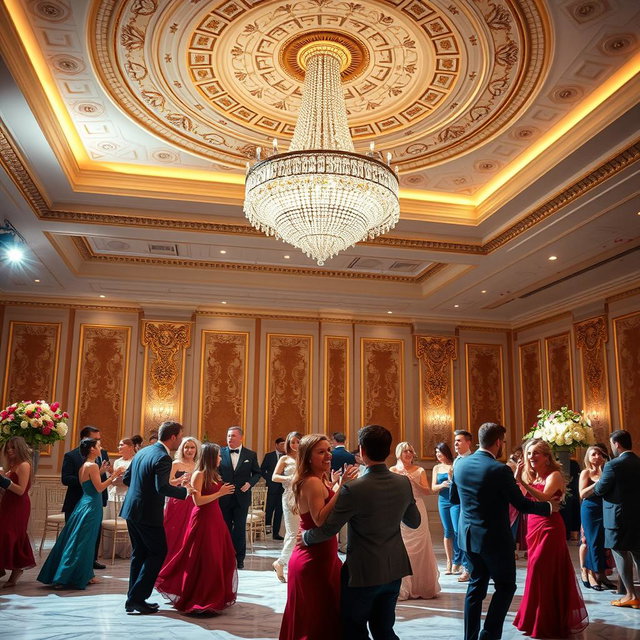 A stunning crystal chandelier is hanging from a beautifully ornate ceiling, casting a warm glow over an elegant ballroom