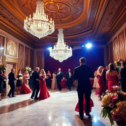 A stunning crystal chandelier is hanging from a beautifully ornate ceiling, casting a warm glow over an elegant ballroom
