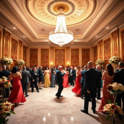 A stunning crystal chandelier is hanging from a beautifully ornate ceiling, casting a warm glow over an elegant ballroom