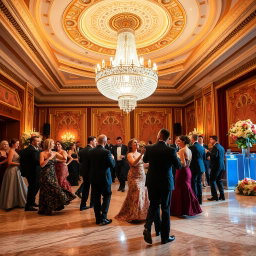 A stunning crystal chandelier is hanging from a beautifully ornate ceiling, casting a warm glow over an elegant ballroom