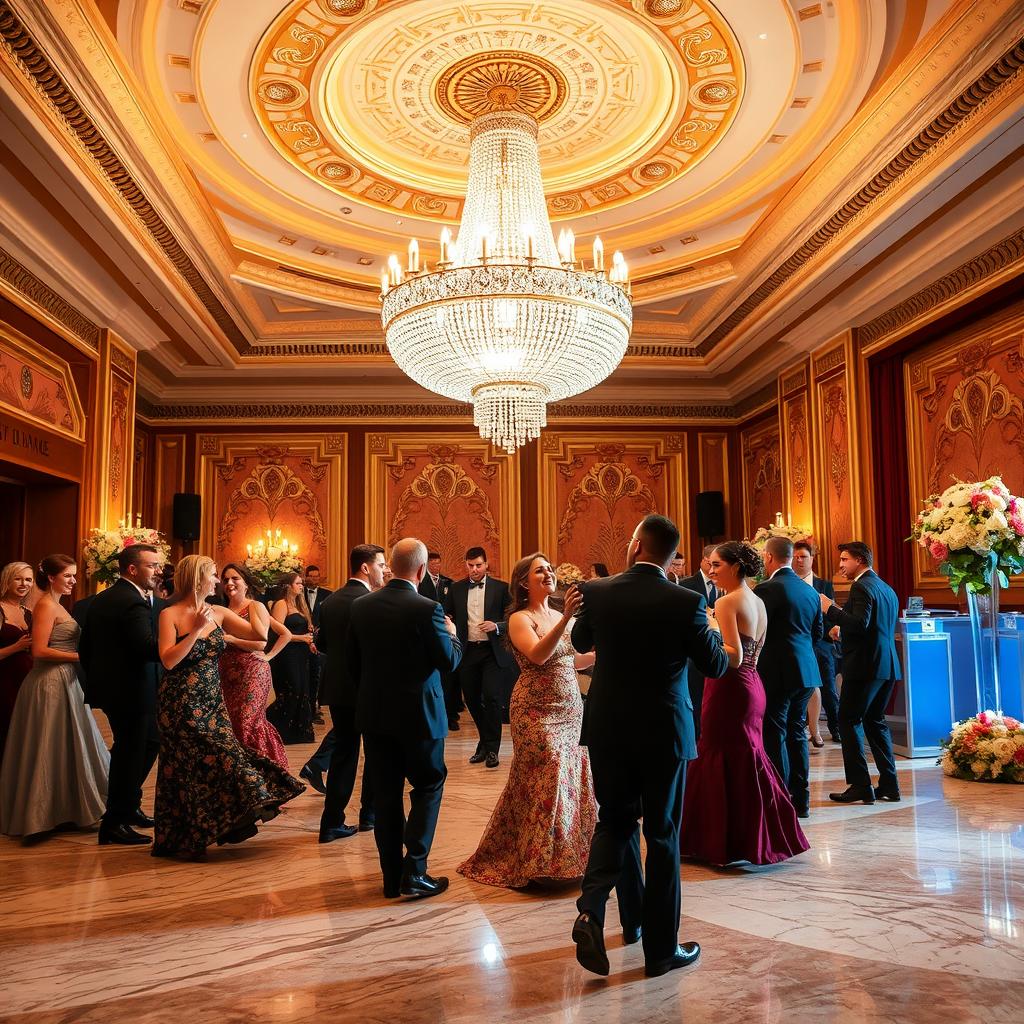 A stunning crystal chandelier is hanging from a beautifully ornate ceiling, casting a warm glow over an elegant ballroom