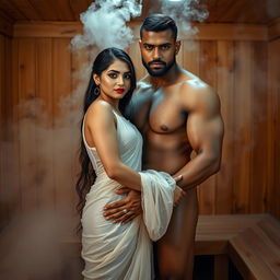 A captivating full-length intimate couple photoshoot featuring a stunning 22-year-old Arab woman in a transparent wet white saree, elegantly draped and revealing her alluring figure