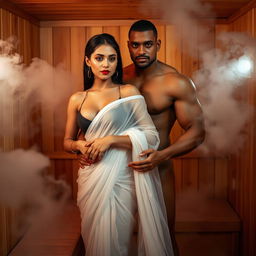 A captivating full-length intimate couple photoshoot featuring a stunning 22-year-old Arab woman in a transparent wet white saree, elegantly draped and revealing her alluring figure