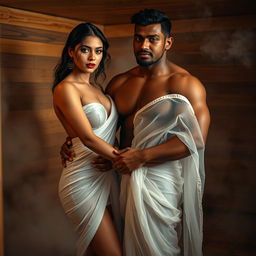 A captivating full-length intimate couple photoshoot featuring a stunning 22-year-old Arab woman in a transparent wet white saree, elegantly draped and revealing her alluring figure