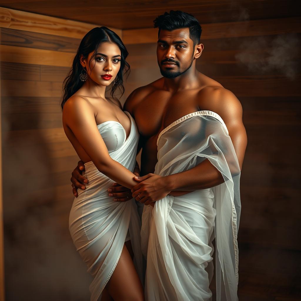 A captivating full-length intimate couple photoshoot featuring a stunning 22-year-old Arab woman in a transparent wet white saree, elegantly draped and revealing her alluring figure