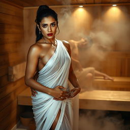 A captivating full-length intimate couple photoshoot featuring a stunning 22-year-old Arab woman in a transparent wet white saree, elegantly draped and revealing her alluring figure