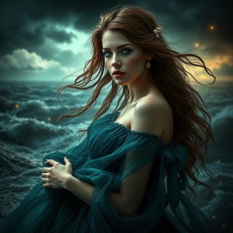 A beautiful woman inspired by the themes of Shakespeare's 'The Tempest', surrounded by a mysterious and enchanting dark atmosphere