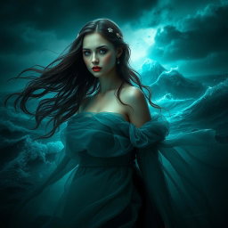 A beautiful woman inspired by the themes of Shakespeare's 'The Tempest', surrounded by a mysterious and enchanting dark atmosphere