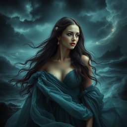 A beautiful woman inspired by the themes of Shakespeare's 'The Tempest', surrounded by a mysterious and enchanting dark atmosphere